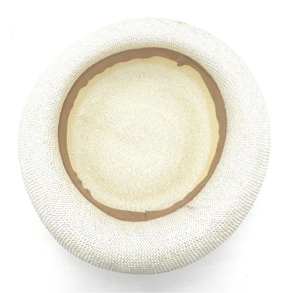 Vintage 1950s Cream Straw Sailor Hat Antique Ivory Boater Skimmer W Bow Detail - Picture 10 of 12
